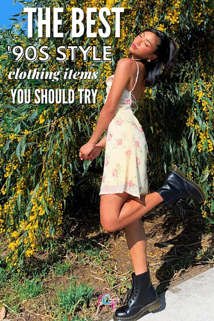 Photo of girl in a pale yellow floral dress and Doc Martens boots with the text - The Best '90s Style Clothing Items You Should Try