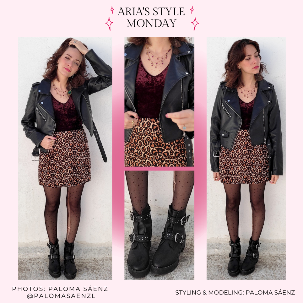 Outfit inspired by Aria Montgomery's style from Pretty Little Liars: Leopard print mini skirt, printed sheer black tights, burgundy velvet top, black motorcycle jacket, layered necklaces, black motorcycle boots