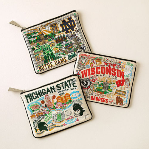 Collegiate Pouches embellished with college town names and school logos