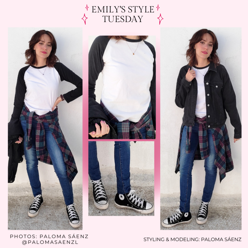 Outfit inspired by Emily's style from Pretty Little Liars: Skinny jeans, black Converse sneakers, black and white baseball tee, plaid shirt, denim jacket