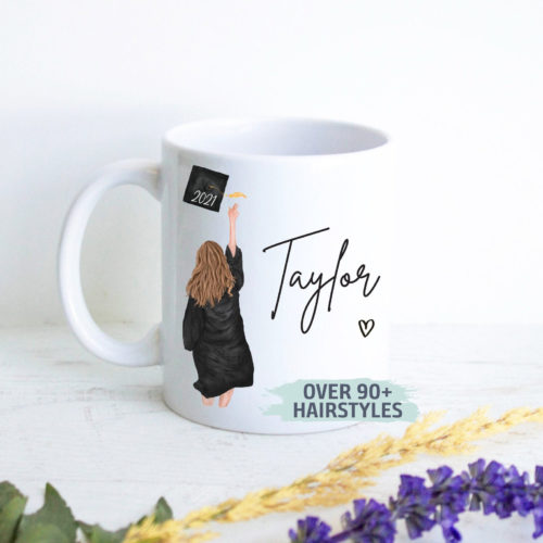 Grad Mug with a picture of a graduate from the back and the name Taylor written on the front