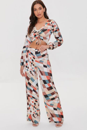 70s style clothing: F21 Geo Printed Set with a crop top and wide leg pants