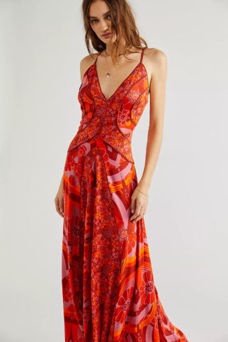 70s style clothing: Free People Maxi Dress red print