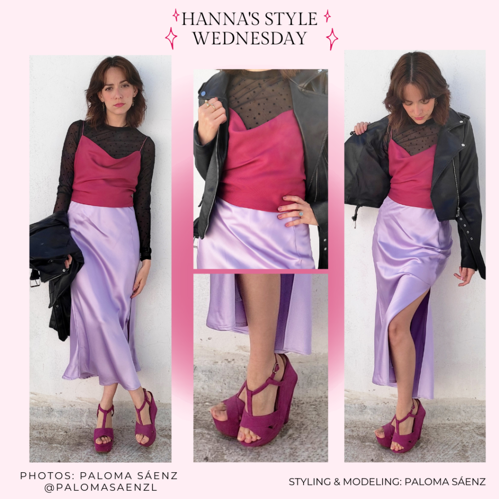 Outfit inspired by Hanna Marin's style from Pretty Little Liars with purple satin maxi skirt, purple t-strap heels, sheer bodysuit, pink cami top, and moto jacket