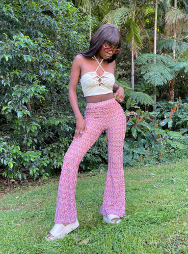 70s style clothing: Princess Polly pink flare Chevron Pants