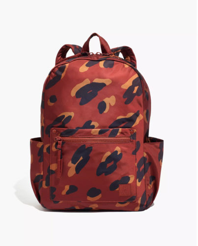 Madewell Recycled Backpack in red brown with black and brown leopard spots