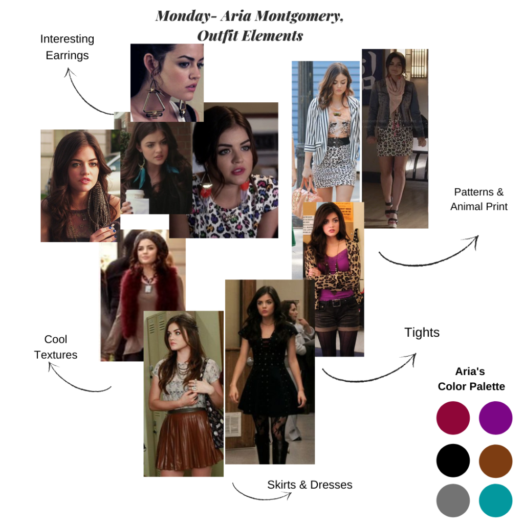 Collage of Aria Montgomery's style from Pretty Little Liars, with photos of her statement earrings, animal prints, tights, cool textures, and her color palette