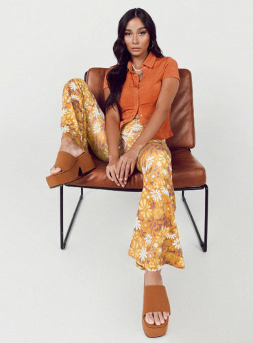 70s style clothing: Floral Flare Pants in yellow