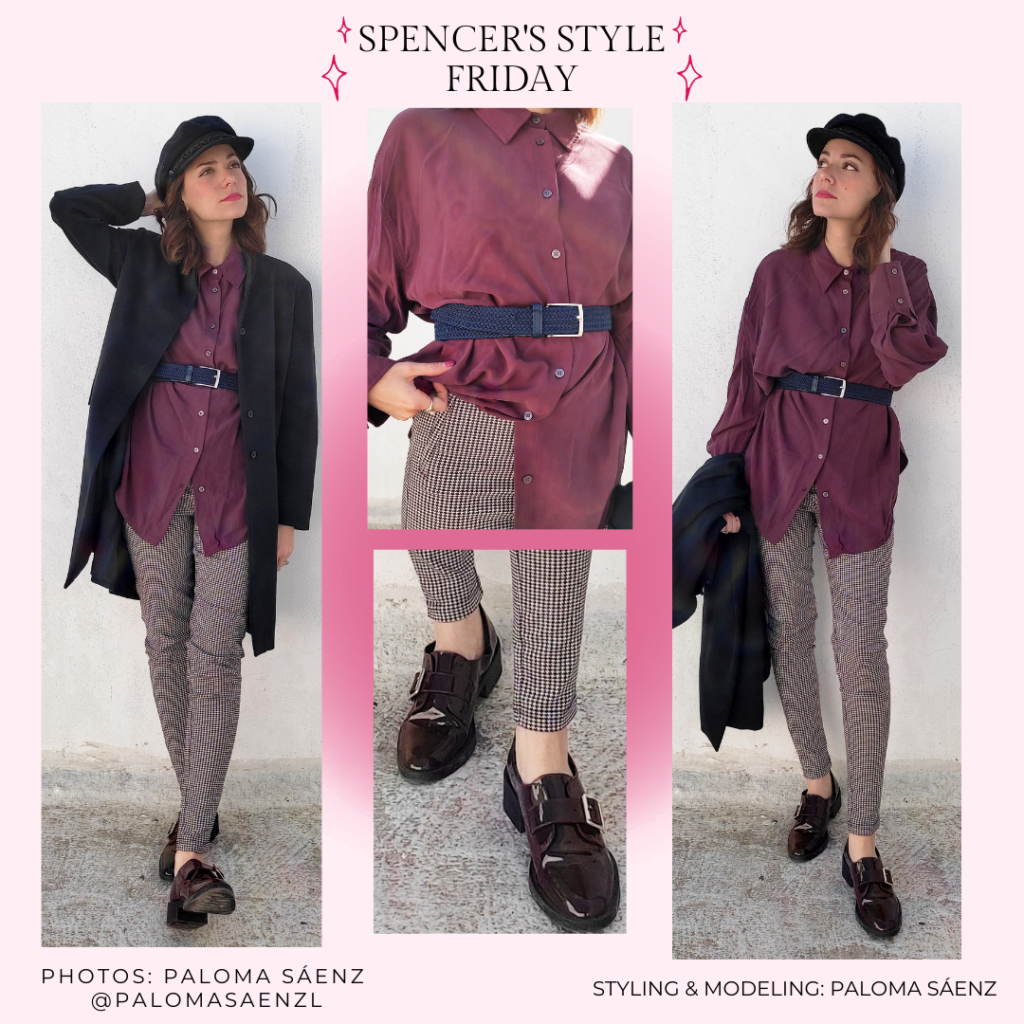 Outfit inspired by Spencer Hastings' style from Pretty Little Liars with tweed pants, oversized burgundy shirt, paper boy cap, black oxfords, waist belt