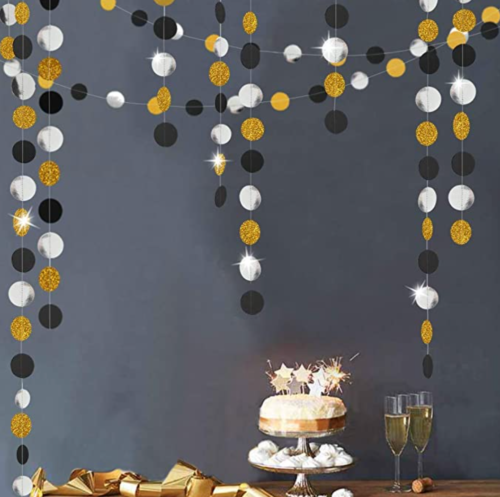 Graduation dot streamers from amazon in gold, black, and silver