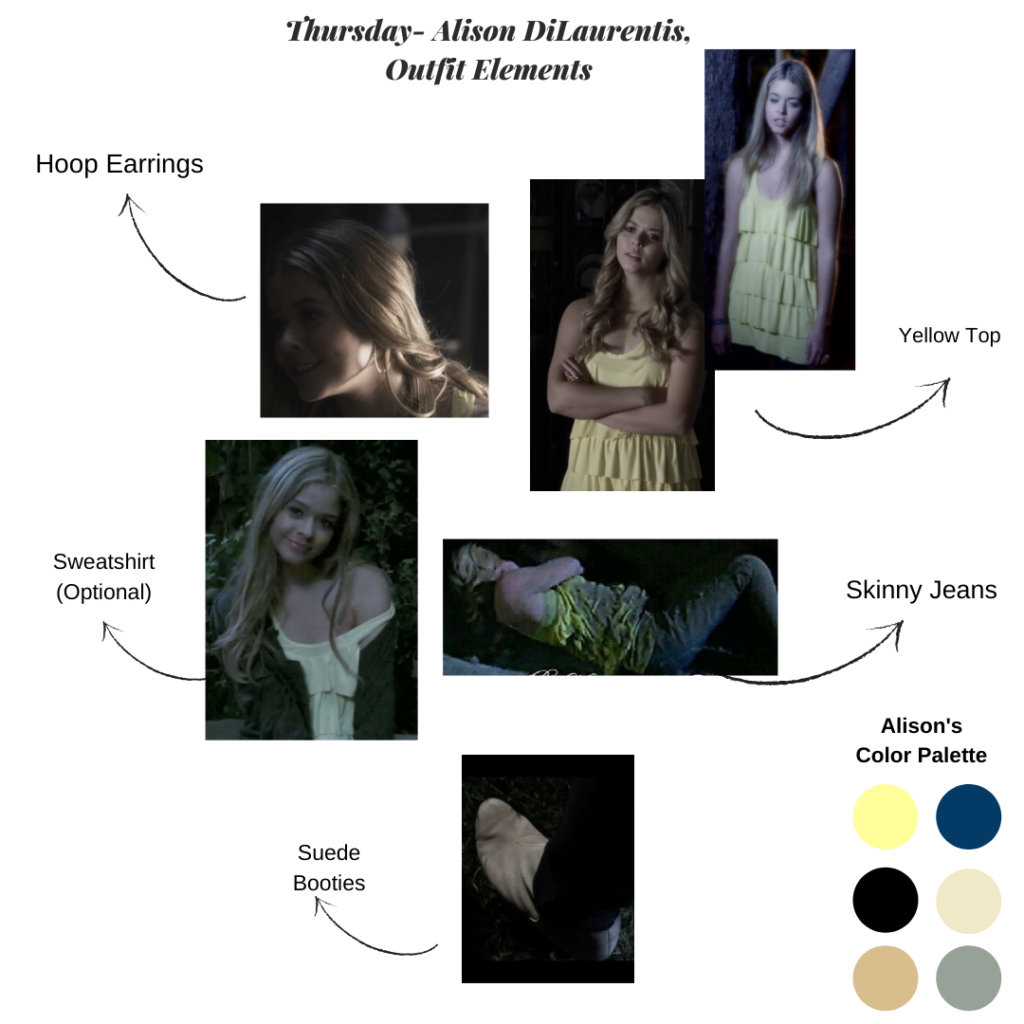 Alison DiLaurentis outfit collage from the first episode with her yellow top, hoop earrings, skinny jeans, sweatshirt, and suede booties, plus her fashion color palette