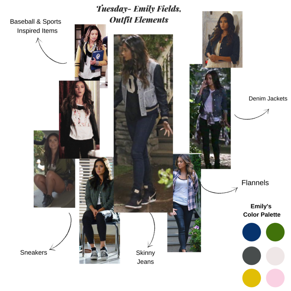 Collage of Emily Fields' outfits from Pretty Little Liars, with sections for baseball and sports-inspired items, denim jackets, flannels, sneakers, and skinny jeans, plus a look at Emily's color palette