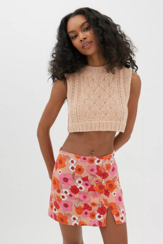 70s style clothing: Floral Mini Skirt in orange, red, and tan