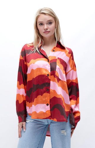 70s style clothing: Pacsun Wavy print shirt in orange, red, maroon, and pink