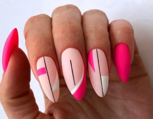 Baby pink and neon modern art manicure