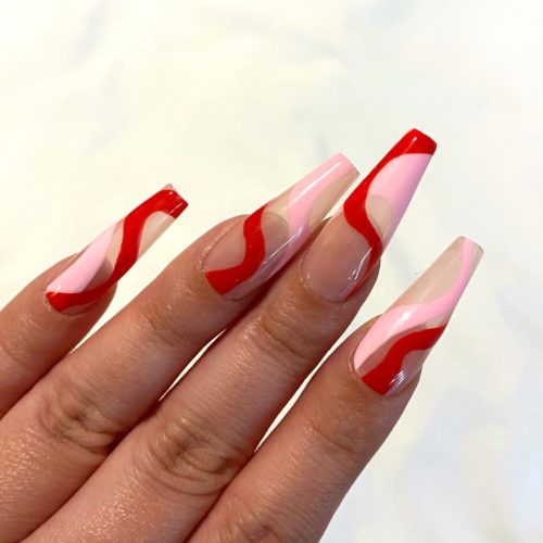 Abstract baby pink and red swirl Valentines nails