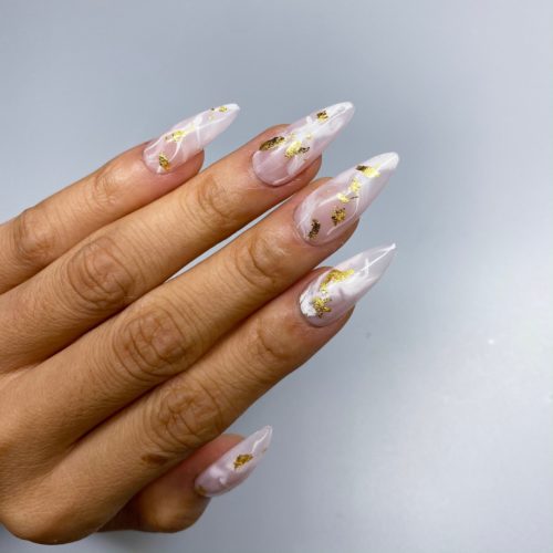 Baby pink and white rose quartz marble manicure with gold leaf detailing