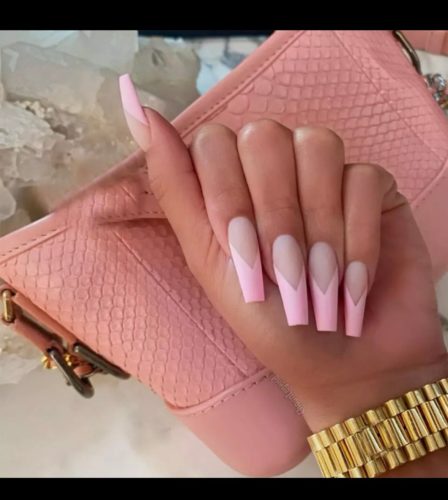 Long coffin nails with a baby pink v shaped french tip