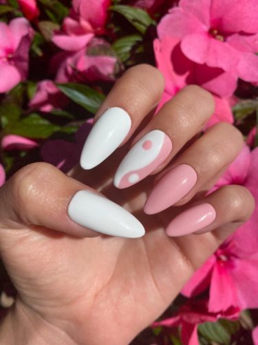 Baby pink and white yin yang nails