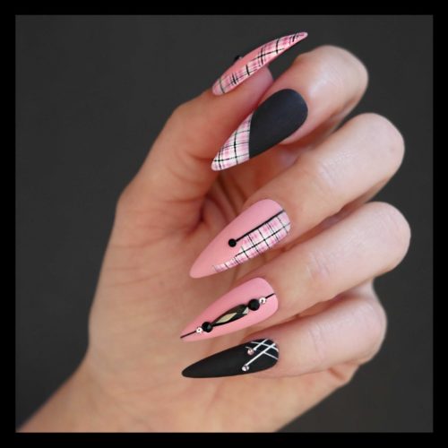 Black and pink plaid nails