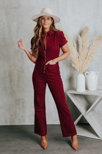Corduroy Flare Jumpsuit in burgundy with zipper