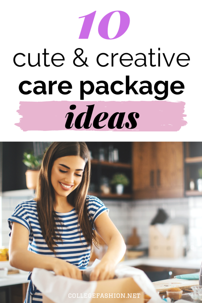 Care package header graphic with photo of a woman packing a care package in her kitchen