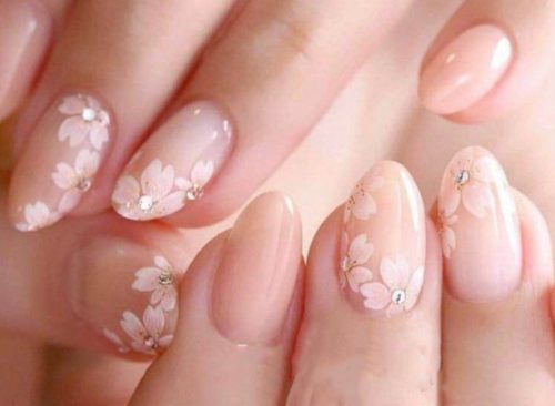 Pastel pink cherry blossom flower nails