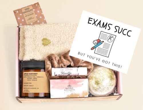 College student care package with pampering items and a card reading 