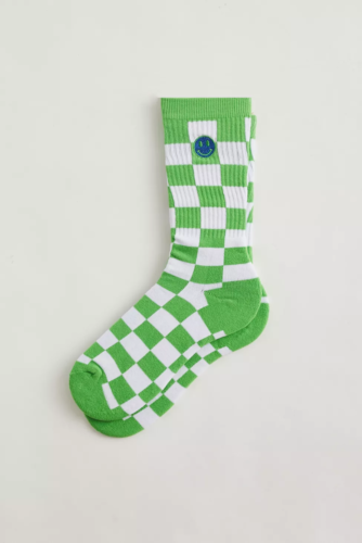Cute happy face socks for Men in green and white checkerboard