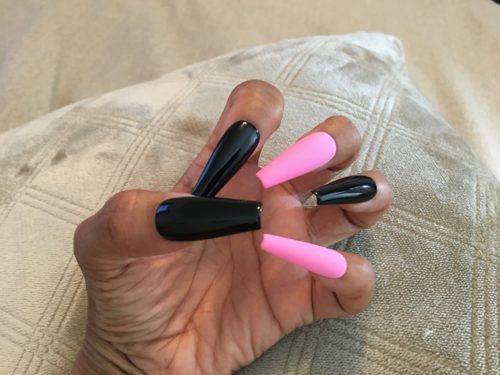 Pink and black coffin shaped nails in matte and glossy finishes