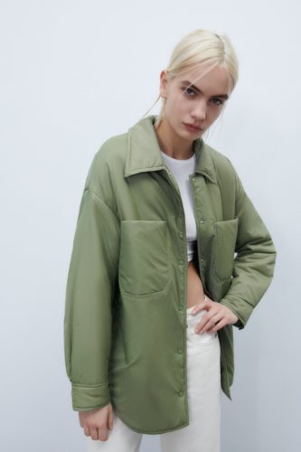Zara Padded Shirt Jacket in sage green, paired with white jeans and a white crop top