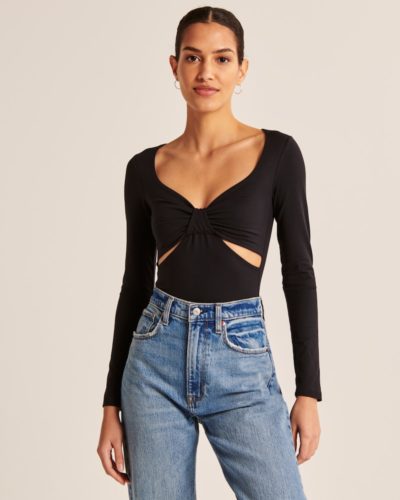 Abercrombie Cut Out Bodysuit in black paired with high waisted jeans