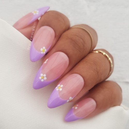 Nude nails with lilac purple french manicure and white and yellow daisy dot nail art