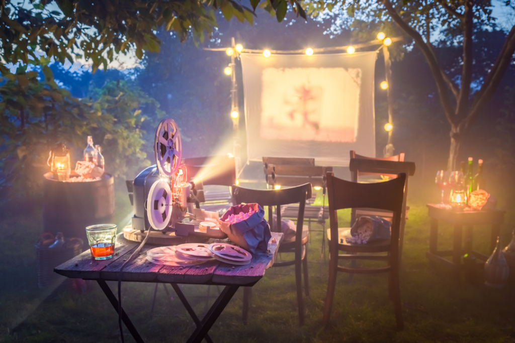 Photo of a backyard set up for an outdoor movie night