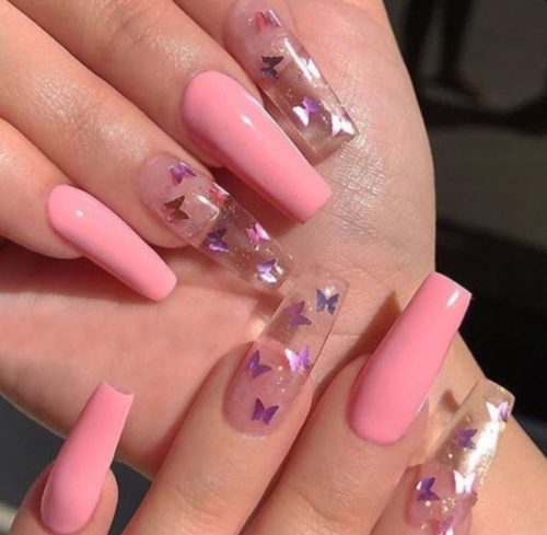 Pink nails with butterfly details