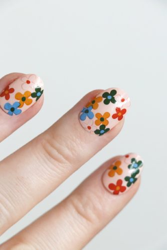 Retro flower nail stickers on light pink nails - nail art, flower nail design