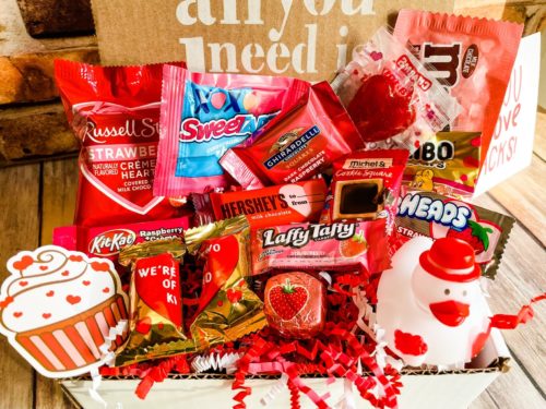 Valentines themed care package of candy