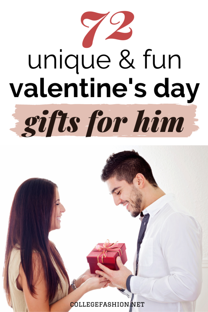 Header graphic with photo of a man and woman with a gift and text 72 unique and fun Valentine's Day Gifts for him