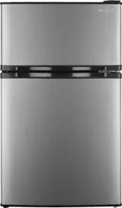 A stainless steel mini fridge with top freezer.