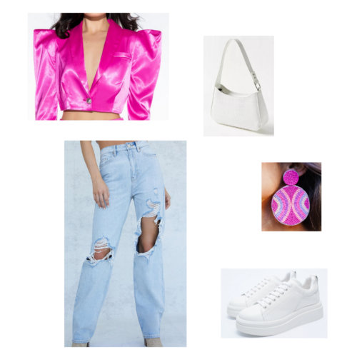 80s style clothing outfit 1: Pink crop jacket with puff shoulders, high-waisted distressed baggy denim jeans, white sneakers, pink beaded circle earrings, white shoulder bag