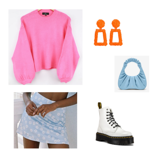 Outfit 2: Oversized purple sweatshirt with bell sleeves, blue miniskirt with white daisies, white doc martens with black soles, orange geometric beaded earrings, puffy ruched baby blue handbag