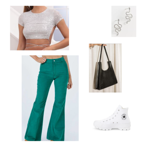 80s style outfit 3: silver shimmer crop top, green flare pants, converse high top sneakers in rubber, black crocodile tote bag, silver snake earrings
