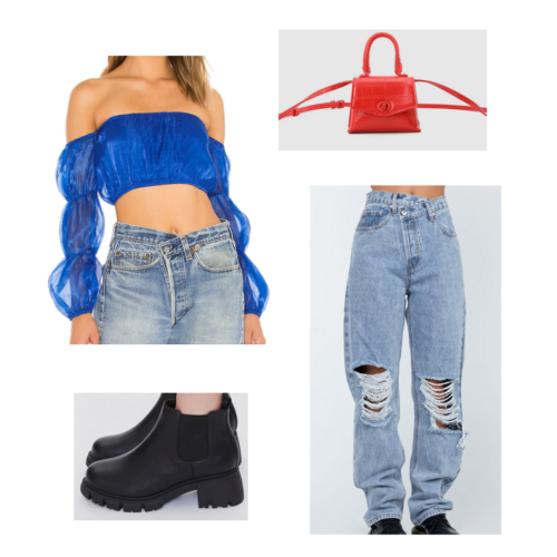 80s style outfit 5: blue crop top with off-the-shoulder sleeves, baggy asymmetrical jeans, chunky black booties, mini red handbag