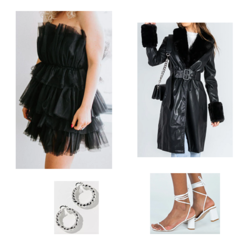 Outfit 4: black tulle ruffled dress, black faux leather trench coat with fur detailing, white chunky heeled wrap-around sandals, silver hoop earrings