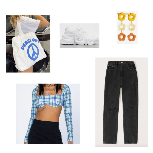 80s style outfit 7: crop bra top in blue plaid with sleeves and square neckline, dark grey denim jeans wiht distressed knees, white chunky sneakers, peace out printed tote bag, daisy acrylic yellow and orange earrings