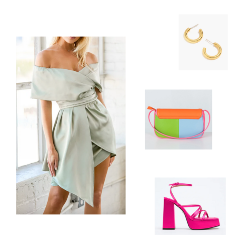 Outfit 6: green wrap asymmetrical off-the-shoulder dress, fuschia chunky heeled platform sandals, colorblock purse, gold hoop earrings