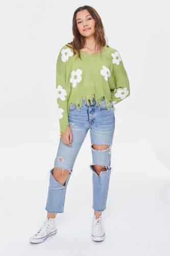 F21 Green Floral Sweater paired with ripped blue mom jeans and high top white Converse