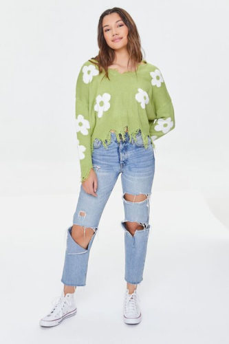 F21 Green Floral Sweater paired with ripped blue mom jeans and high top white Converse