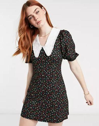 Floral Collar Dress in black with red and white dots