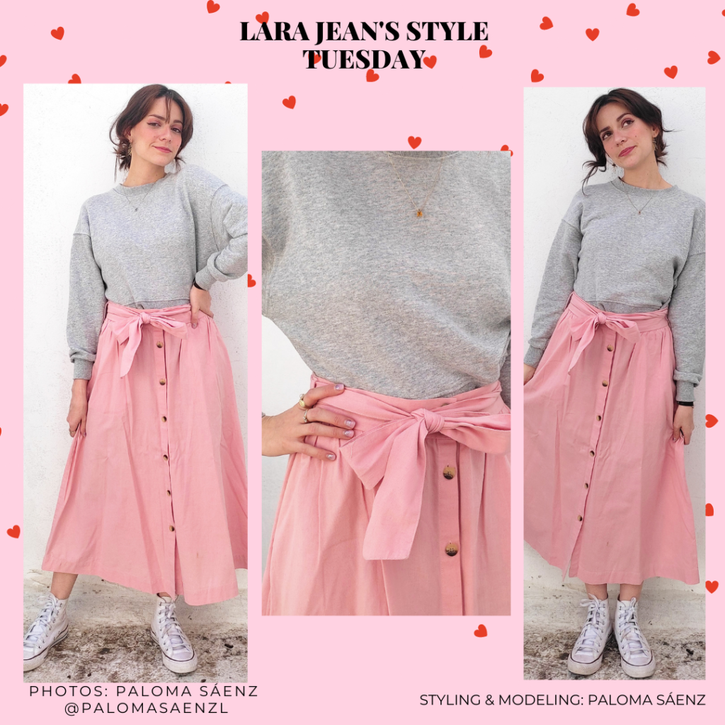 Rom com outfit inspired by Lara Jean Covey from To All the Boys I've Loved Before with pink midi skirt, white Converse, gray sweatshirt